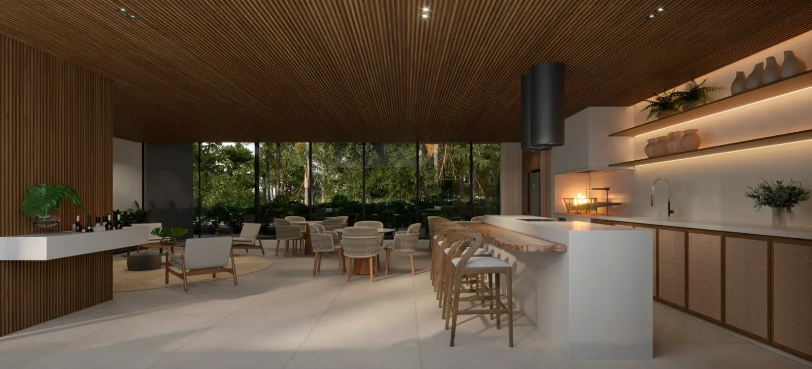 Espaço gourmet com forro de madeira e bancada, aberto para o jardim
