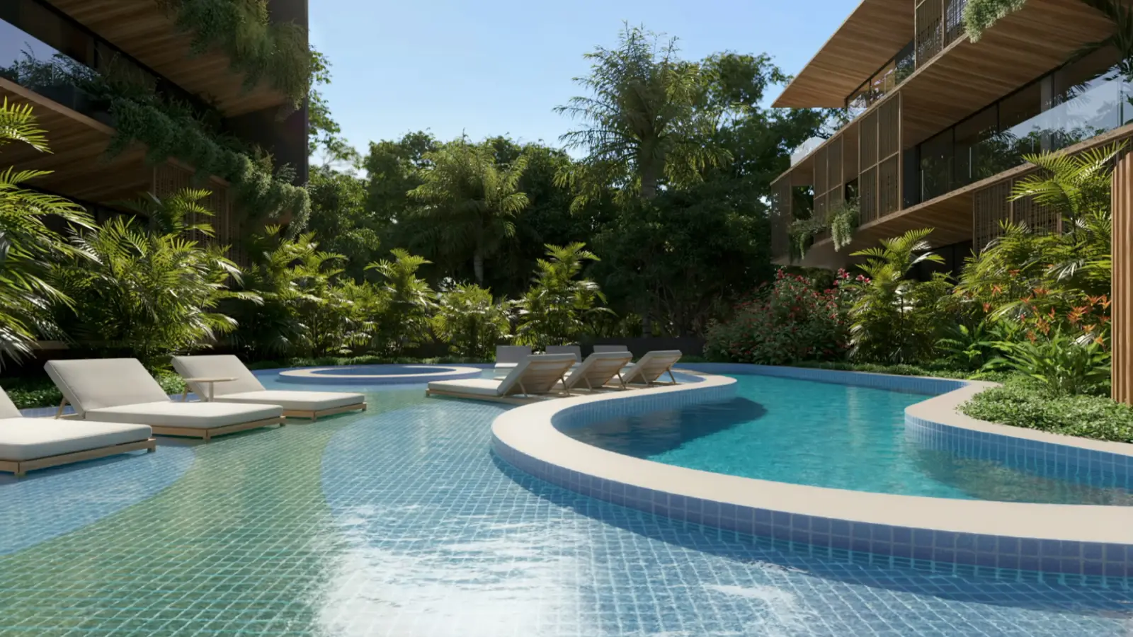 Piscina adulta com deck molhado e espreguiçadeiras entre as torres