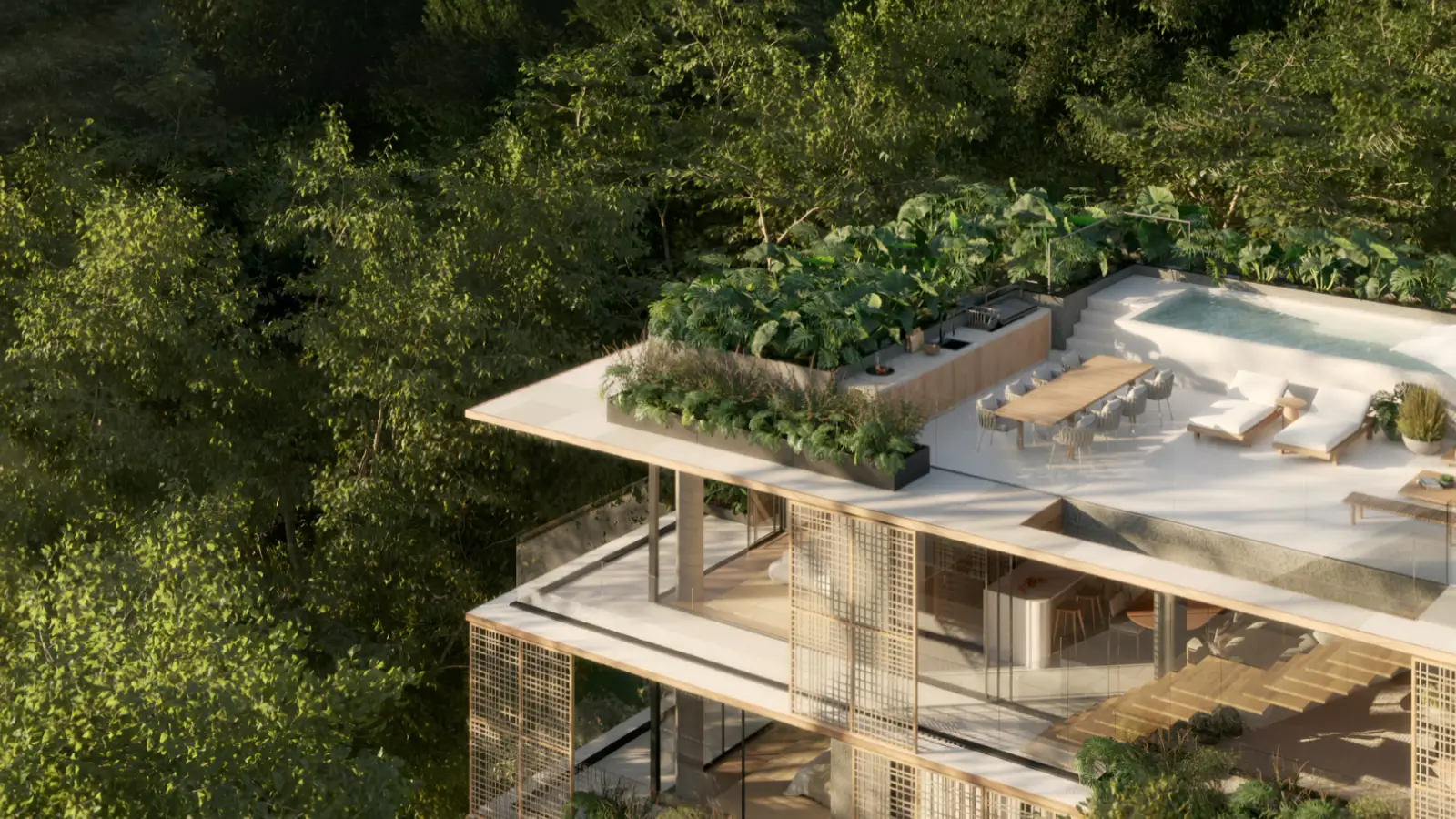 Rooftop visto de cima, com telhado verde e vegetação sobre a laje